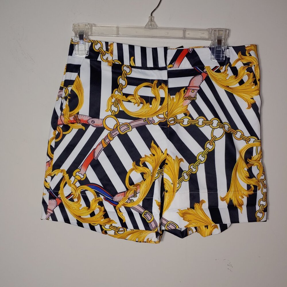 Ovi High Waist Gold and White Shorts with Baroque Pattern Size S White Gold